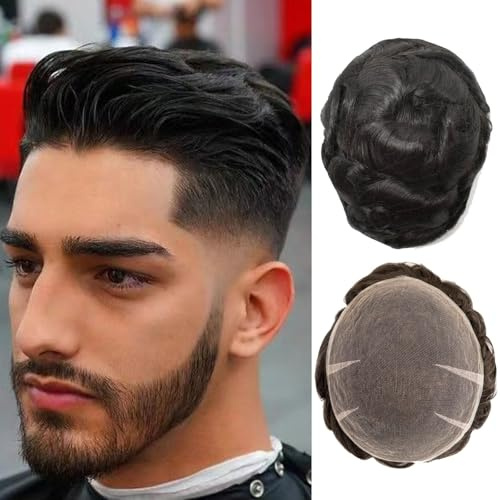 Ehairc Toupee for Men Full Swiss Lace Hair System 100% Human Hair Breathable Men's Toupee Hairline Bleach Knots Natural 90% Density Mens Lace Wig Base Size 8x10 (#1B)
