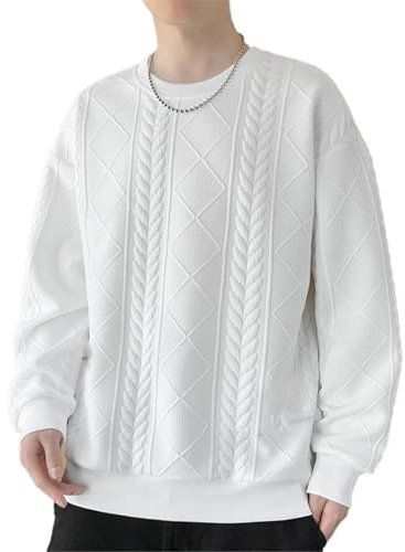 Seiizaa Sudadera Hombre Invierno Cálido Cuello Redondo Primavera Y Otoño Top Camisa De Manga Larga-White-XL