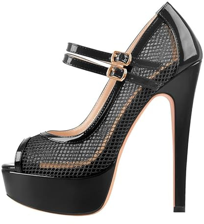 blingqueen Women's Party Pumps Patchwork Cut Out Sky High Sandals Peep Round Toe Strappy Adjustable Buckles Black Pumps Y2K Shoes Size 3