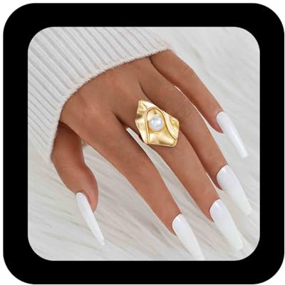 Enautoabs Bague Perle D'Or Géométrique Irégulière Ajustable Métal Texturé Vintage Chunky Bijoux Pour Femmes