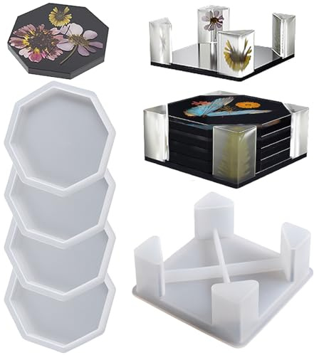 Joytey 5 PCS Coaster Resin Moulds with Coaster Holder Mould Octagonal Coasters Silicone Mold Kit Cup Mats Moulding Epoxy Silicone Moulds for DIY Resin Casting Art Craft Making