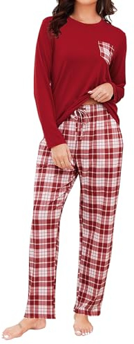 TeJoyce Pijama de Invierno para Mujer Algodón, Conjuntos de Pijama de Mujer Algodón Ropa de Noche de Mangas Largas y Pantalón a Cuadros con Bolsillos, Suave y Acogedor para el Hogar S-XXL, granate, S