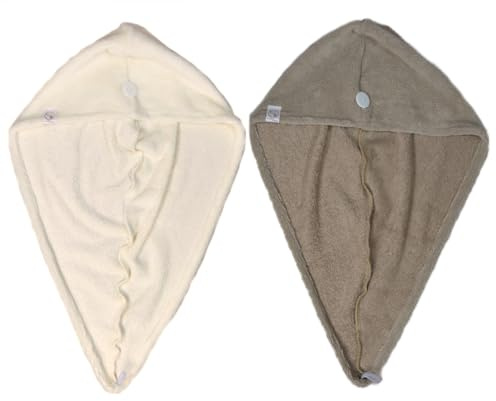 Serviette cheveux micro-éponge bambou x2 - Absorbante et douce - Séchage rapide - Turban cheveux à fixation par bouton - Fabrication française (Ecru Cappuccino)