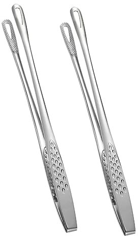 VICASKY 2Pcs Japanese Style Stainless Steel Food Tongs Kitchen Serving Clamp for BBQ Fish Steak Long Handle Hollow Design for Healthy Cooking for Home Parties