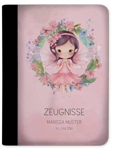 CreaDesign Zeugnismappe A4 mit Namen personalisiert – Fee Blumenkranz – für Mädchen – Dokumentenmappe Schule ohne Klarsichthüllen