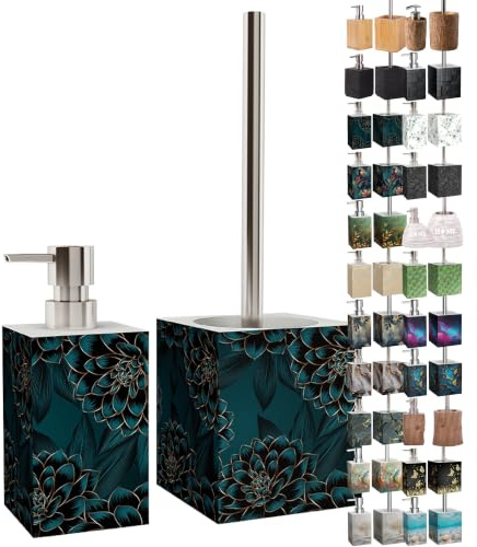 Sanilo Badezimmer Set, Seifenspender und WC Bürste mit Motiv, große Auswahl, Klobürste ohne Bohren, schöne Designs (Monstera)