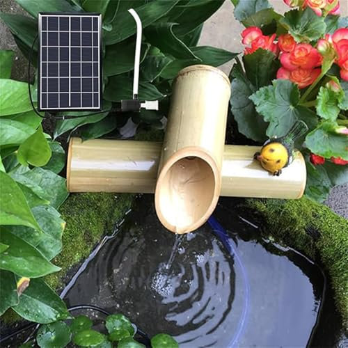 Fontana Solare in bambù, Decorazione Zen da Giardino Artigianale, Cascata da Esterno Autoportante, Fontana Giapponese con Pompa, per Terrazza, Laghetto, Vasca per Uccelli