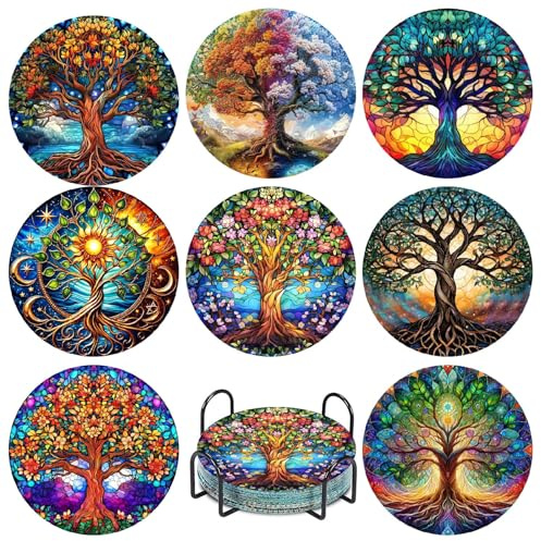 8 Pcs Diamond Art Coasters Kits with Holder, DIY Tree of Life Diamond Painting Coasters for Adults Beginners, Round Non Slip Coaster Crafts for Tabletop Protection and Gifts 10x10cm