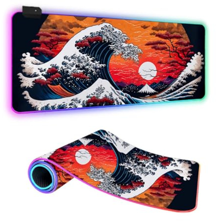 Fansu Estilo Japonés XXL RGB Alfombrilla para Ratón, Grande Gaming Mousepad con 14 Modos de Iluminación 7 Colores LED Mouse Pad Teclado Almohadilla de Escritorio PC Laptop (Olas Océano,350x250x4mm)