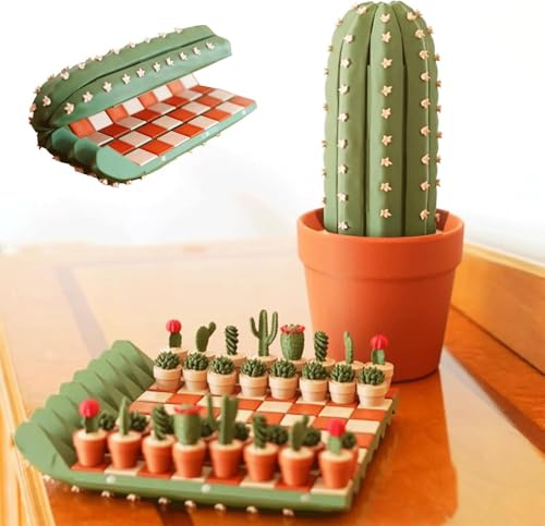 Set di scacchi scacco con cactus stampati in 3D, 32 pezzi, scacchiera portatile arrotolabile da viaggio per piante grasse