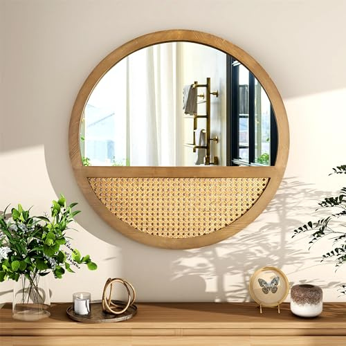 SHYFOY Runder Wandspiegel, 60 x 60 cm, Rattan-Holzrahmen, Boho-Stil, für Wohnzimmer und Badezimmer