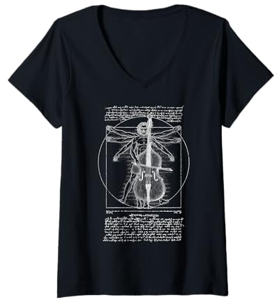 Femme Contrebasse Bassiste Vitruvian Man Leonardo Da Vinci Musicien T-Shirt avec Col en V