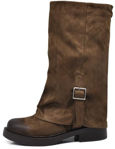 IF Stivali da donna con risvolto slouch e fibbia decorativa stile biker retrò in camoscio sintetico MP2744-6 Marrone N.37