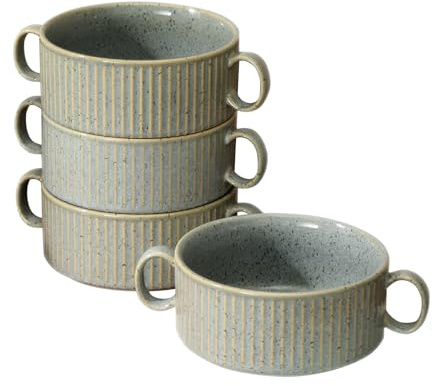 Yundu Set di 4 ciotole per zuppa di cipolle francesi, 740 ml, in ceramica con manici, ciotole impilabili con doppio manico, lavabili in forno e lavastoviglie (grigio flambe)