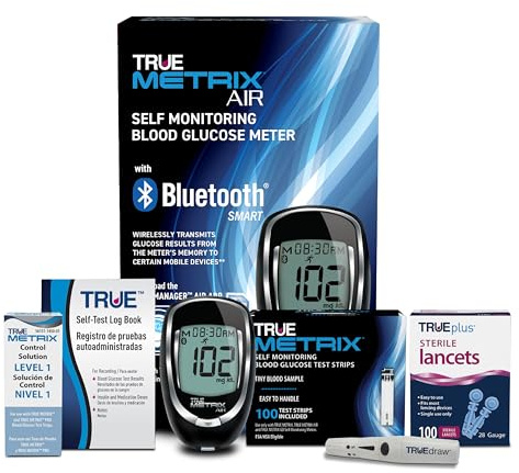 TRUE METRIX AIR Meter Starter Kit - Blood Glucose Meter, Case, 100 Test Strips, 100 Lancets, Lancing Device, Control Solution, Log Book - Fast, Easy Testing Supplies for Home Use