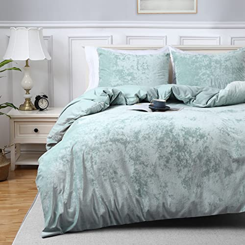 CAROMIO Velvet Duvet Cover Queen Size - Luxury Soft Flannel Bedding Comforter Cover Set with Button Closure and 8 Corner Ties, Sage Green, 90x90 Inch