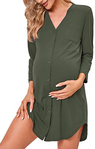 Clearlove Nachthemd Damen Geburt Stillnachthemd 3/4 Ärmel Nachtwäsche Umstandskleidung V-Ausschnitt Sleepwear Gestreift Schlafshirt mit Stillfunktion (Verpackung MEHRWEG), F-Armeegrün, L