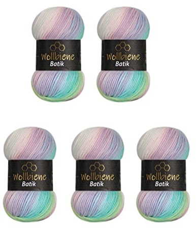 Wollbiene Batik001 Garn, 2010 Grön Rosa Vit Pastell, 100 g x 5 stycken