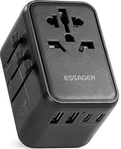 ESSAGER Reiseadapter 65W USB C Ladegerät, EU Steckdose 2500W mit 2 USB, 1 PD 65W Schnellladen, mit EU/US/UK/AUS Stecker Reisestecker Weltweit für USA England Australien Europa Thailand usw