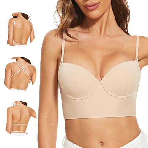 LUNNER'S SECRET Low Back Bra for Women - Seamless Underwire Halter Invisible Backless Bras - Multiway Convertible(Nude, L)