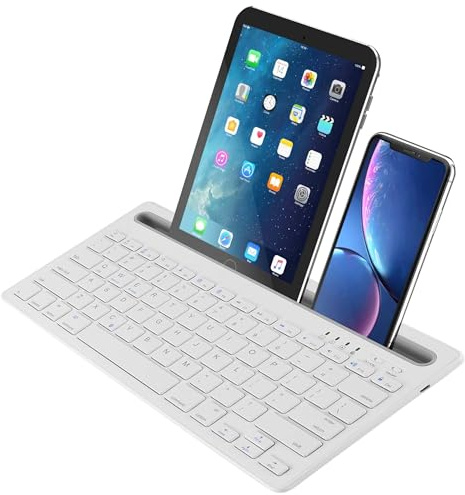 Civetes Wireless Bluetooth Keyboard, Portable Rechargeable Quiet QWERTY Keyboard, 78 Keys, Supports Switching Between 2 Devices, with Integrated Stand, for iPad, Tablets, Smartphones (White