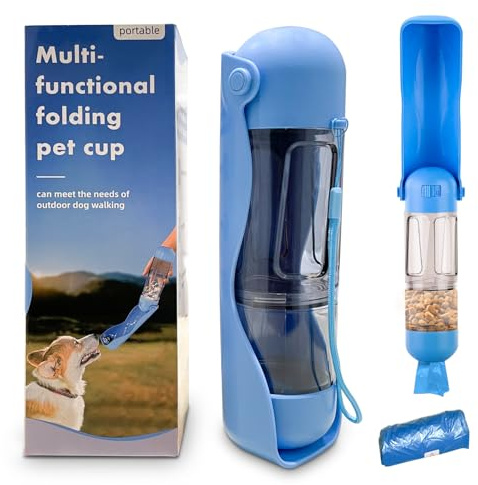 Joey&Viggy Portable Dog Water Bottle 3-in-1 Premium Material– 500ml Leak-Proof Pet Water Dispenser with Food Container, Poop Scoop & Bag Holder – Travel Dog Bottle for Walking, Hiking & Camping(BLUE)