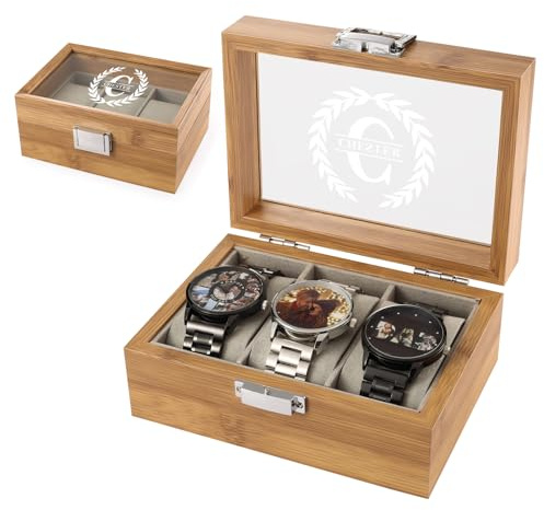 Glimmerday Personalisierte Uhrenbox - Aufbewahrungsbox - Uhrenbox für 2 bis 10 Uhren mit Gravur, Kreatives Geschenk für Männer Personalisiertes Motiv Initialen Name