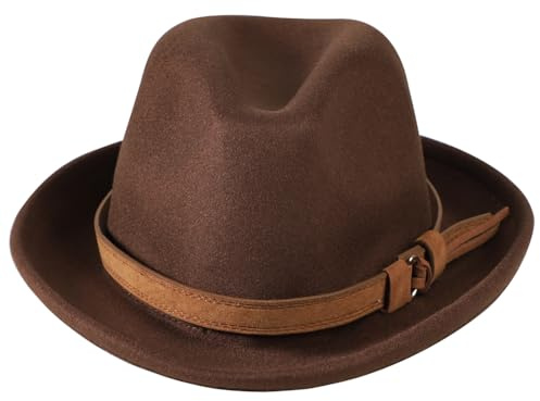 ITODA Dam ullfilt Fedora hatt klassisk vintage plommonhatt vinter Trilby Fedora Trilby hatt elegant panamahatt kort brätte jazzmössa gangsterhatt, Brun, M
