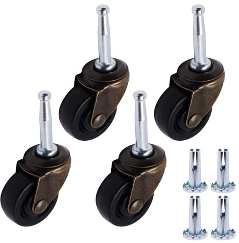 SWZHAI 1.5 Inch Swivel Casters Set of 4, M8 Grip Neck Stem Caster Wheels, Heavy Duty Antique Brass Caster with Rubber Wheel for Furniture Sofa Chair Cabinet