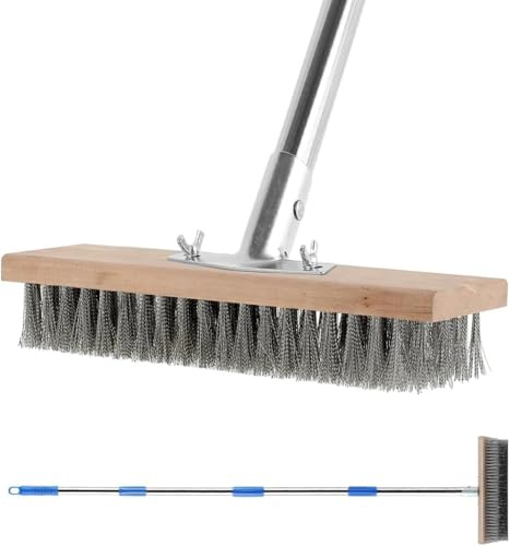 Stainless Steel Wire Broom, 4 Section Detachable Pole, Stiff Metal Bristle Outdoor Scrubbing Brush for Patio, Deck, Moss Grout Removal