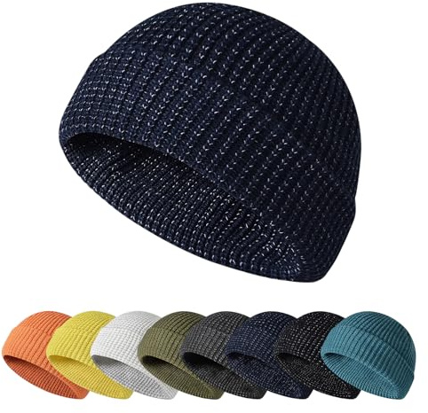 Enwokran Reflekterande vintermössa, varma stickade mössor, retro brättlös integrationshatt termisk termisk fleece mössa vinter natt sport utomhus sport, Marinblå, one size