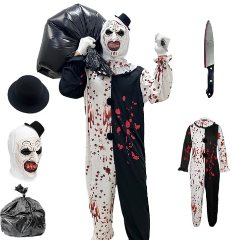 Aicerous Halloween Terrifier Kostüm, Killer Kostüm Terrifier, Blutbeflecktes Einteiler Terrifier Overall, mit Latexmaske, Plastikdolch und Tasche, ideel für Halloween, Karneval, Cosplay