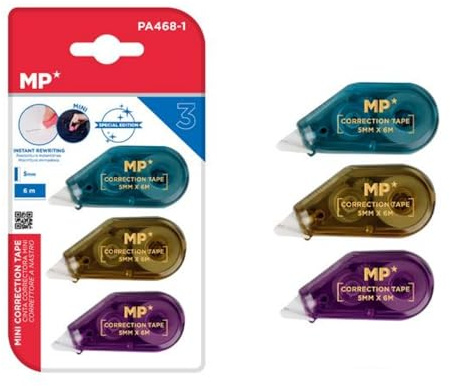 MP 3 stycken korrigeringsrullar, mus, 6 m x 5 mm korrigeringsmus, exakt, omedelbart skrivbart korrigeringsband för kontor, hemmakontor eller skola, kompakt
