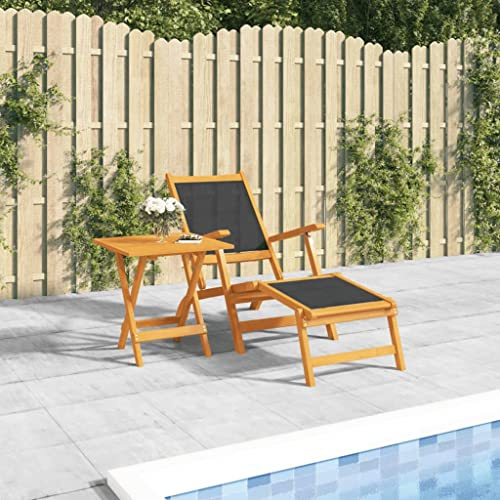 GeenYuu Garten-Liegestuhl mit Tisch Massivholz Akazie und Textilene verstellbar klappbar mit Fußteil für Terrasse Balkon Garten Pool Camping Relaxliege wetterfest