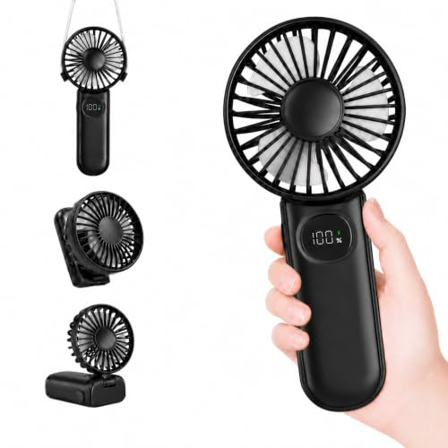 Mepham Ventilador de mano, mini ventilador USB recargable, batería de 3000 mAh, 5 – 20 H, 5 niveles, plegable 180°, ventilador de bolsillo silencioso para viajes, oficina, camping, 3 en 1, ventilador