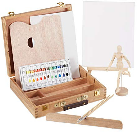 Relaxdays, 22 pz, Legno, Valigetta Pittore, Set Disegno, Manichino, Tavolozza, Pennelli, Tela, Cavalletto, Colori, Cotone