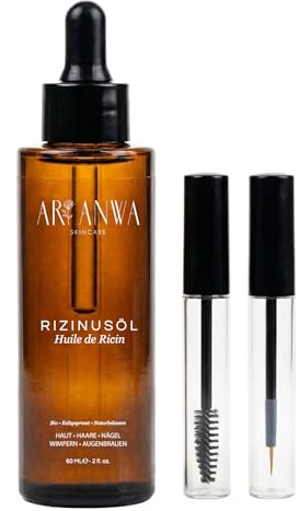 ARI ANWA Bio Rizinusöl Kaltgepresst | Castor Oil Wimpern, Haare & Nägel | 100% Rein, Natürlich, Hexanfrei - Fördert Wachstum, Stärkt & Pflegt - Inkl. Wimpern- & Augenbrauenpinsel - Rizinusöl Bio
