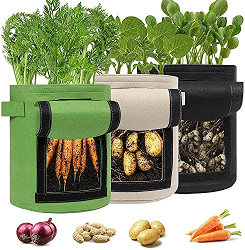 VANUODA 3 Pack Kartoffel-Pflanzsäcke, Garten-Boxen, Gartenpflanzen-Anzuchttaschen, für Bett, Tomaten, Gemüse, Pflanzgefäß mit Fenstergriffen und Löchern unten für optimales Wurzelwachstum (30 Liter)