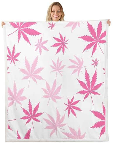 Girls Marijuana Weed Leaf Fleece Throw Blanket for Kids Women Cannabis Leaves Sherpa Blanket Marijuana Leaf Botanical Plush Blanket Pink White Decor Fuzzy Blanket for Sofa Bed Couch,Twin 60x80 Inches