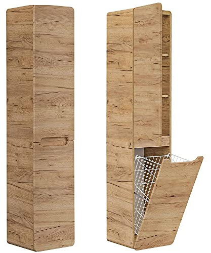 Lomadox Badmöbel Hochschrank mit Wäschekorb, Wotan Eiche Nb. Nb., B/H/T ca. 35/170/35 cm