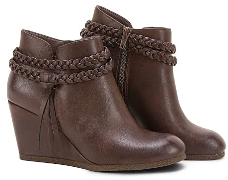 Fashare Womens Wedge Ankle Boots Braided Fringe Strap Western Heeled Fall Booties Dress Shoes,Dark Brown, Size 9