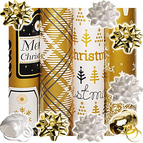 alles-meine.de GmbH 13 TLG. XXL Set: Geschenkpapier - Weihnachten - 4 Rollen + 7 Schleifen + 20 m Schleifenband - edel - Gold & Silber - Geschenkschleifen - Geschenkpapierset - G..