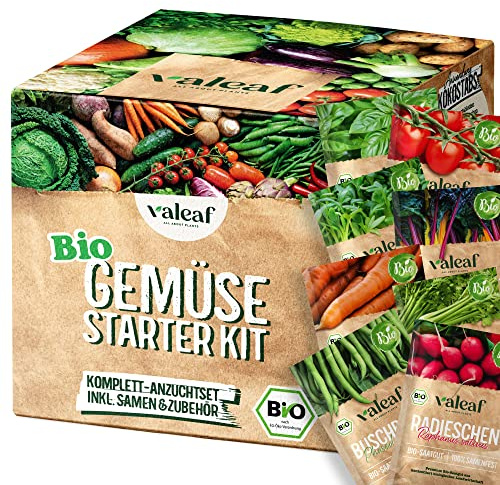 valeaf BIO Gemüse Starter Kit I Anzuchtset Gemüse I Buntes Gemüse Mini Pflanzset I 6 Sorten Bio Gemüsesamen I Gemüse Samen f. Aussaat in Balkon u. Garten
