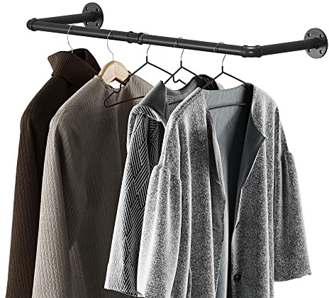 LINKPIPES Industrial Pipe Clothing Rack Wall Mounted Clothes Rack Heavy Duty Space-Saving Garment Bar Rack Detachable Multi-Purpose Hanging Rod,24 inch(Black)