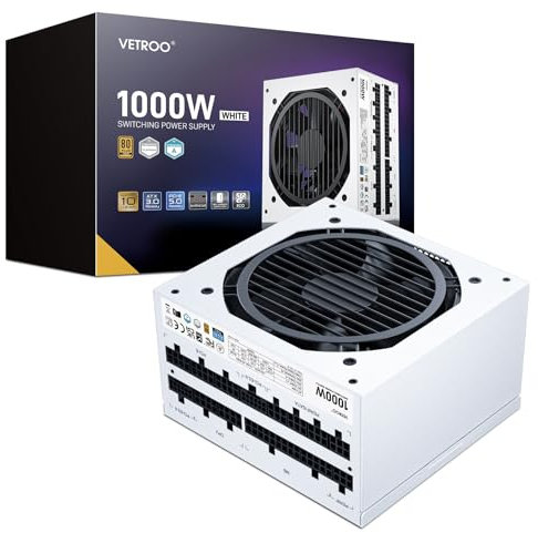 Vetroo 1000W White Power Supply ATX 3.1 Ready Dual PCIe 5.1, 80 Plus Gold Full Modular, Eco Mode with 120mm FDB Fan, Compact Size, 10 Year Warranty for Gaming PC