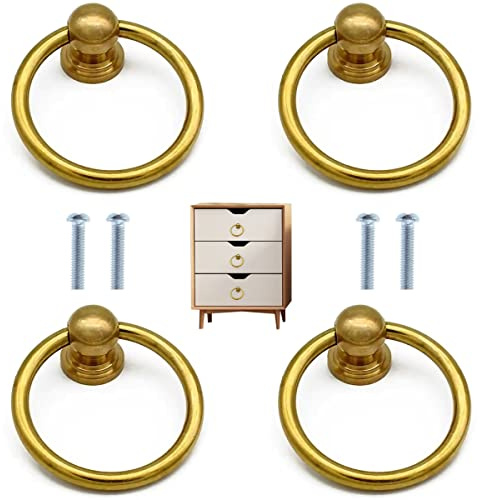 FIBOUND 4 Stück Ring Möbelknöpfe Griffe Metall Schubladengriffe Retro Stil Ziehen Griffe, für Schrank Kommode Tür möbelknauf Schubladen Ring-Ösen (Gold)