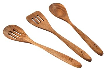 Compact - Ustensiles de cuisine à 3 pièces - bois acacia - 1 cuillère à fente 33 cm + 1 cuillère solide 32 cm + 1 cuillère