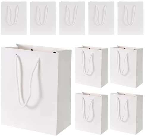 Bolsa de Regalo 10 Piezas Bolsa de papel con Asa 18X10X23 cm Bolsas de Papel Kraft Reutilizables para Comestibles Artículos para Hornear Compras Cumpleaños Boda Fiesta de Navidad (Blanco)
