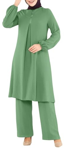 Damen Muslimische 2-Teilige Sets Langarm Button Down Hemd Hose Abaya Freizeitkleid Dubai Outfits Gebetskleidung Frauen Türkisch Lang Kleider Set Islamische Burka Muslim Kleidung (Green, XXXXL)