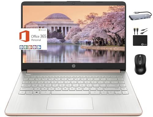 HP 2024 Premium 14 Micro-Edge Portatile Notebook Student Business, Intel Quad-Core N4120, 16GB RAM, 384GB (128GB eMMC+ 256GB Card), WiFi, Windows 11S + 1 Anno Office 365, Accessorio Marxsol Oro Rosa